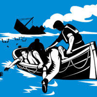men in life raft picking up survivors of sinking ship